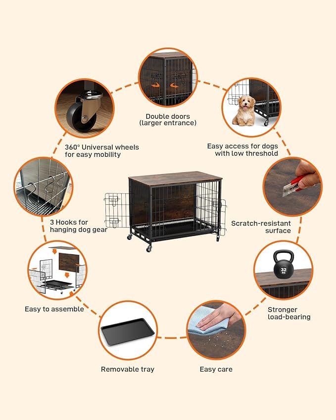 Dog Crate Furniture, Dog Kennel with Dual Doors, Removable Tray & 360° Wheels, Indoor Home for Small Dogs (Brown & Black, Small)