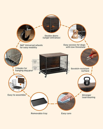 Dog Crate Furniture, Dog Kennel with Dual Doors, Removable Tray & 360° Wheels, Indoor Home for Small Dogs (Brown & Black, Small)