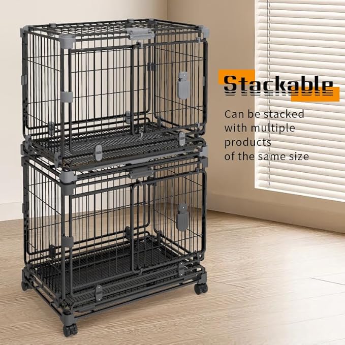 24" Dog Crate for Small Dogs, Double Door Dog Kennel with Removable Trays & Lockable Wheels, Escape Proof Metal Pet Cage, Stackable Indestructible Puppy Crate Indoor