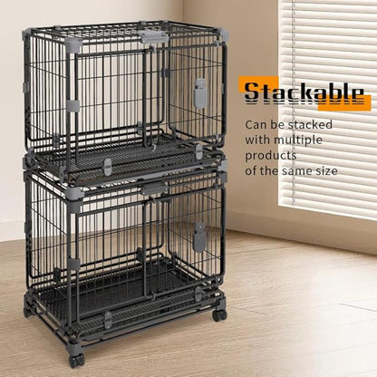 24" Dog Crate for Small Dogs, Double Door Dog Kennel with Removable Trays & Lockable Wheels, Escape Proof Metal Pet Cage, Stackable Indestructible Puppy Crate Indoor