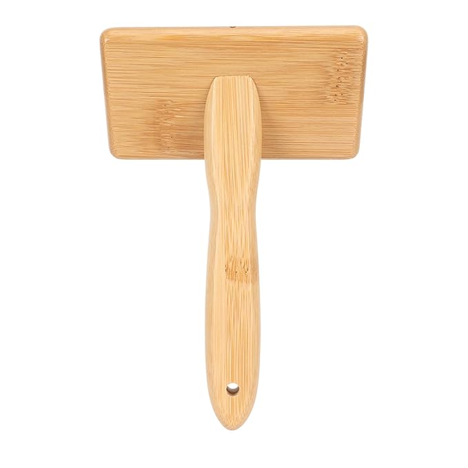 Macrame Slicker Comb with Hole Cushion Finely Polished Bamboo Cleaning Brush Sheepskin Wool Stainless Steel Pins Carding Rug Fur Brushes Long Prongs Pet (13.7x20.3x5.2cm