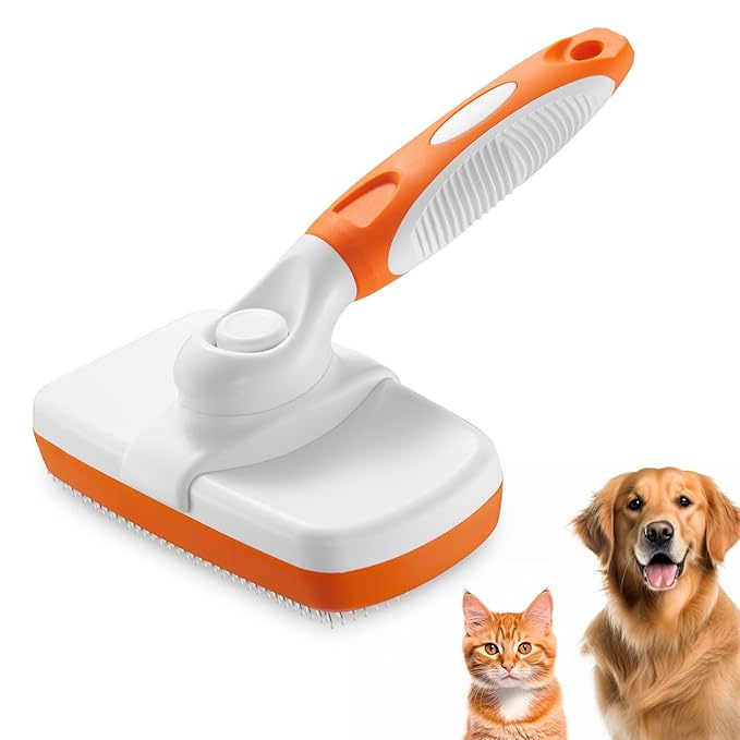 Self-Cleaning Slicker Brush for Dogs and Cats - Removes Loose Hair and Pet Fur (Large, Orange)