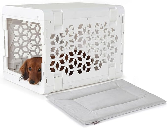KindTail PAWD Collapsible Puppy and Dog Crate + Washable Bed - Stylish Pet Kennel with Comfortable Pad - Safe Indoor Set - Lightweight, Compact & Portable for Travel - Small White