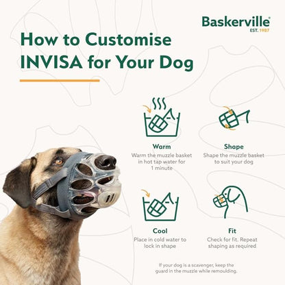 Baskerville INVISA Basket Dog Muzzle - Patented Humane Design with Facial Visibility, Padded Nose Band, Dog can Pant and Drink, Prevents Biting and Scavenging. Muzzle for Large Dogs (Size 5)