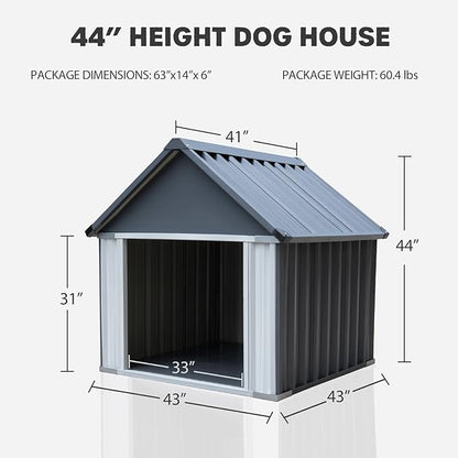 Metal Dog House for Outdoor Indoor, Dog Crates Outside for Small/Medium/Large Dogs, Weather & Water Resistant Easy Assemble Puppy Shelter for Cat, Chicken, Duck (43 x 43 x 44 in, Grey)