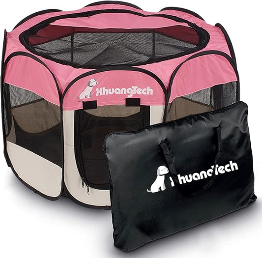 XianghuangTechnologyPet Portable Foldable Playpen, Dog/Cat/Puppy Exercise Pen Kennel, Removable Mesh Shade Cover (Pink)