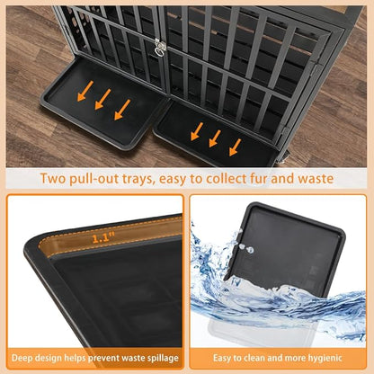 42'' Dog Crate Furniture, Wooden Dog Kennel with Lockable Wheels, Dog Crate End Table with Trays, Decorative Dog Kennel Indoor, Heavy Duty Dog Cage for Medium Large Dogs, Rustic Brown