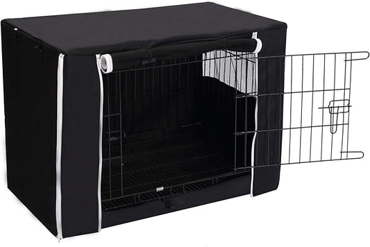 Geyecete Dog Crate Cover - Universal Fit for 24-48Inch Wire Cage, Lightweight Polyester Fabric, Breathable Double Door Cage Cover - Black - 42 Inch