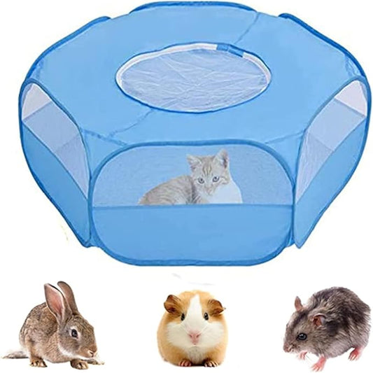 Small Animal Playpen,Portable Small Animal Cage Tent Breathable Pet Playpen Cage Tent Pop-Up Outdoor&Indoor Exercise Fence for Hamster Guinea Pig Rabbit Puppy Hedgehog (Blue with Cover)