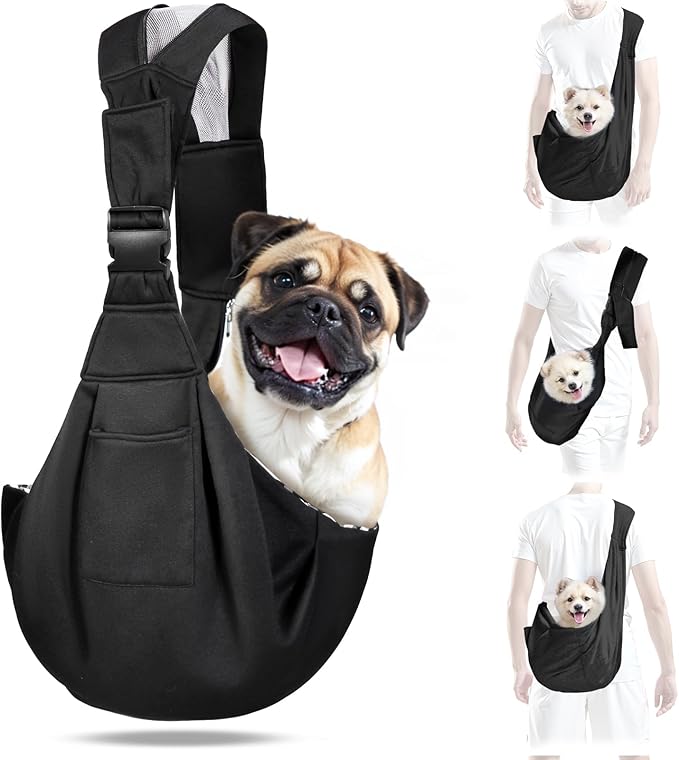 City & Cuddle Dog Carrier Sling for Small Dogs, Puppy Sling Carrier for 3-15 lbs Dog Cat with Zipper & Adjustable Strap Reduce Pain, Pet Sling Purse with Safety Harness Travel Pouch Carry Bag Black