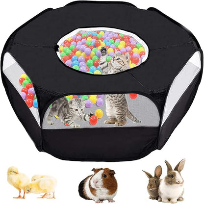Small Animal Playpen,Portable Small Animal Cage Tent Breathable Pet Playpen Cage Tent Pop-Up Outdoor&Indoor Exercise Fence for Hamster Guinea Pig Rabbit Puppy Hedgehog (Black with Cover)