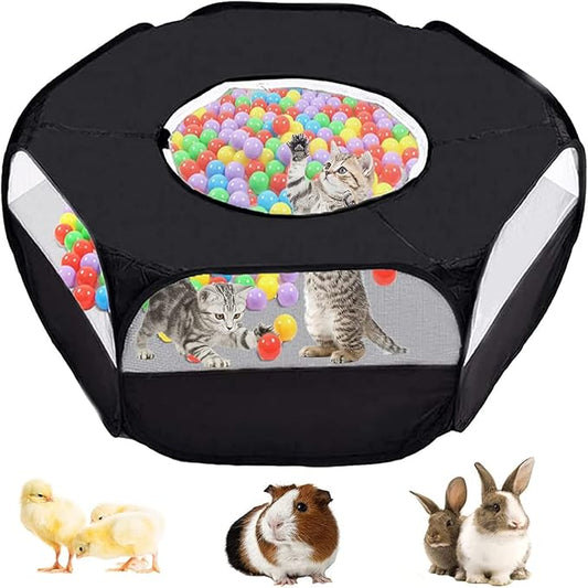 Small Animal Playpen,Portable Small Animal Cage Tent Breathable Pet Playpen Cage Tent Pop-Up Outdoor&Indoor Exercise Fence for Hamster Guinea Pig Rabbit Puppy Hedgehog (Black with Cover)
