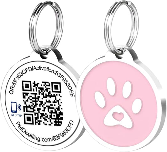 Smart QR Code-NFC Pet ID Tag - Dog Tags - Cat Tags - Online Pet Profile - Instant Email Alert -Scanned QR Tag GPS Location (Pink Paw)