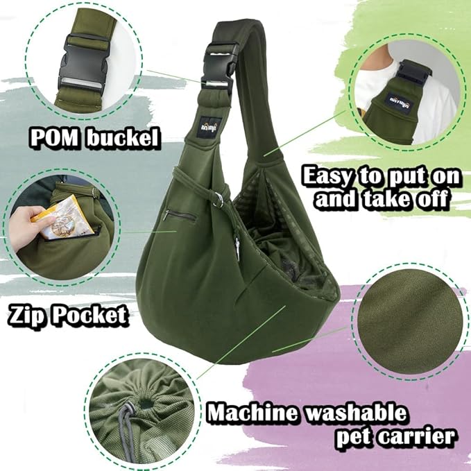 NATUYA Pet Dog Sling Carrier - Dog Sling with Net Bag for Carrier Dogs Cats-Hands Free Pet Bag-Buckle net Pocket pet Bag (Green)