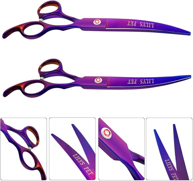 LILYS PET Professional PET DOG Grooming Coated Titanium scissors suit Cutting&Curved&Thinning shears (7.5 inches, Purple)…
