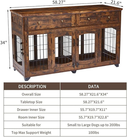 Large Dog Crate Furniture, Double Dog Kennel Furniture with 2 Drawers and Removable Divider, XXL Heavy Duty Wood Dog Crate Table for 2 Dogs Indoor (Rustic Brown, 58in)