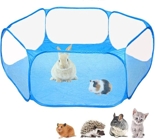 Portable Pet Tent Small Animal Pet Playpen Breathable Transparent Pet Tent with Zipper Top Cover Indoor Outdoor Foldable Cage Exercise Yard Fence (Blue Without Top Cover)