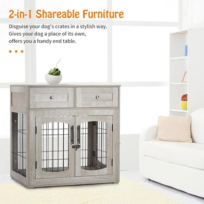 Dog Crate Furniture with Storage Drawers,39.4" Wooden Dog Crate Table with 2 Drawers,Indoor Dog Kennel with Cushion,Dog House,Dog Cage,Side End Table Crate