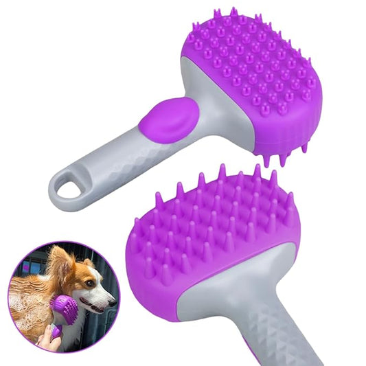 QMEAKMONY Dog Bath Brush Shampoo Brush Scrubber for Bath with Soap Dispenser Soft Bristles Deep Cleaning Ergonomic Handle for Grooming Shedding and Long Short Haired Dogs (Purple Purple)