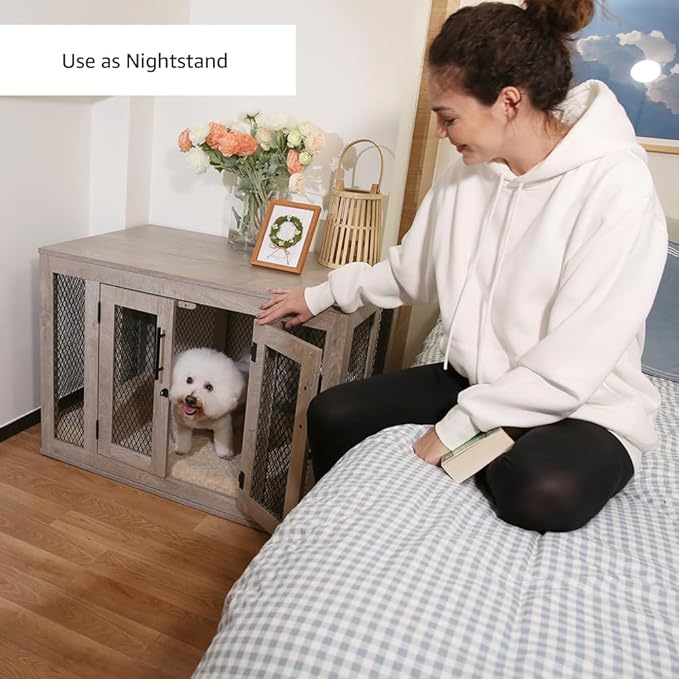 unipaws Dog Crate Furniture, Wooden Dog Kennel for Medium Breed, Indoor Decorative Wood Dog Cage, Inside Side End Table Crate with Removable Tray and Dog Bed, Dog Enclosure, for Dogs Up to 40 lbs