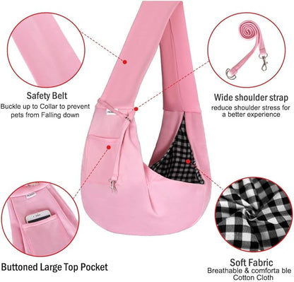FDJASGY Small Pet Sling Carrier-Hands Free Reversible Pet Papoose Bag Tote Bag with a Pocket Safety Belt Dog Cat for Outdoor Travel Pink