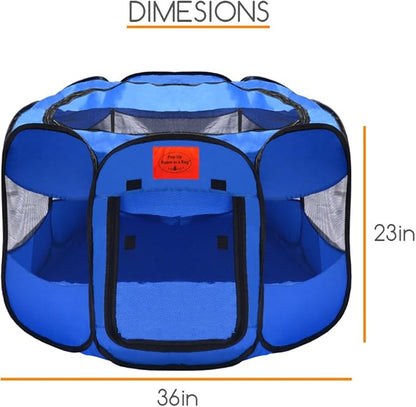 Pop Up Pet Exercise Play Pen Tent Portable Kennel with Weather Resistant Oxford Material, 8 Windows and Removable Zipper Top for Puppies Dogs Kittens Cats Rabbits + More! Includes Bag