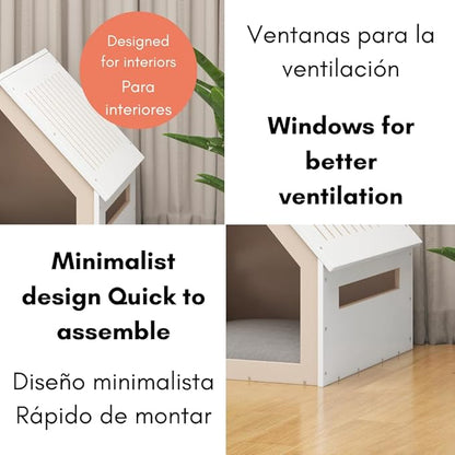 Big House for Pets, Wooden House for Pets for Interiors, Resistant Wood with Cushion for Dog Included, Minimalist, Elegant and Resistant, 24x25x24.5 in, Matte White