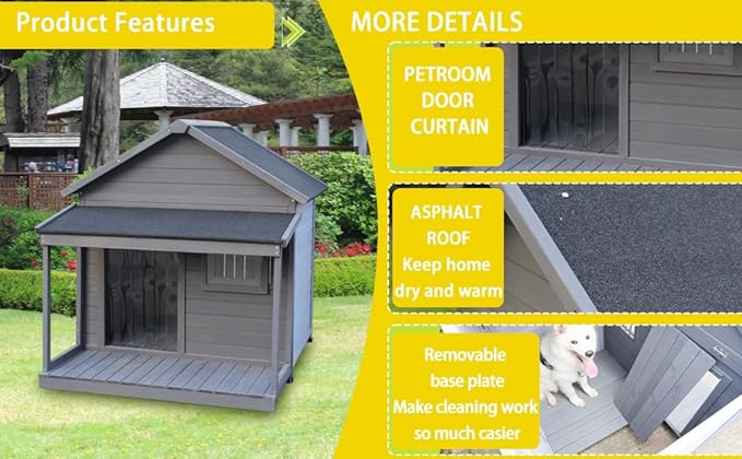 Outdoor Large Dogs House with Spacious Terrace,Open Waterproof Asphalt Roof Dog Kennel W/Breathable Window and Door Curtain,Fir Wood Dog Cage for Large Dogs,Easy to Assemble,Gray