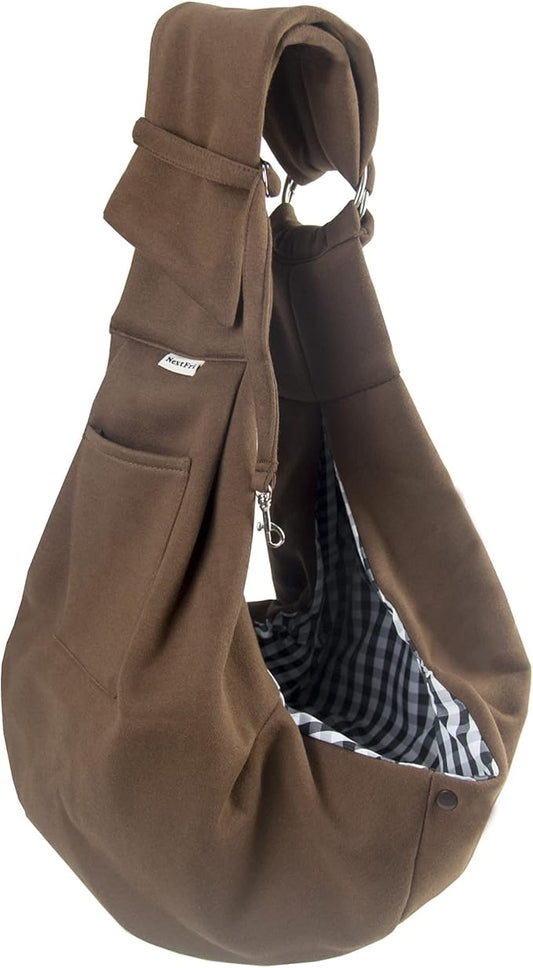 Pet Sling Carrier Adjustable Shoulder Strap Puppy Tote Hands Free Reversible Pet Backpack for Outdoor Travel Classci Brown