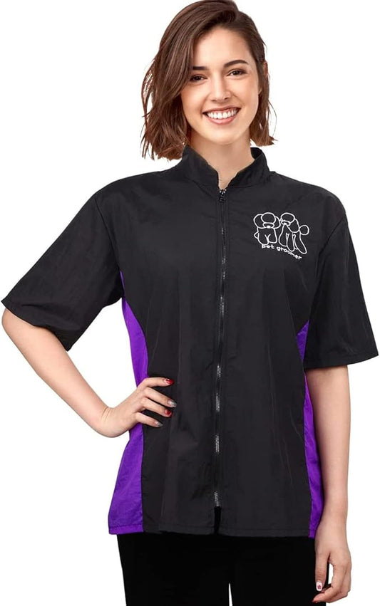 Noverlife Pet Grooming Workwear with Full Zipper, M Size, Anti-Static Pet Beautician Work Clothes, Lightweight Hair Repellent Shirt Style Pet Groomer Smock for Dog Cat Grooming Shop