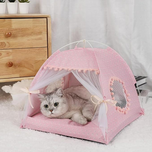 Cat Bed Tents Dog House Indoor Outdoor Lace Mesh Breathable Windows Door Curtains Removable Portable Nest Teepe House (Large,Pink(Flower))