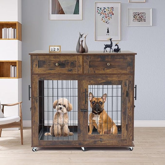 Dog Crate Furniture with 2 Drawers, Wooden Dog Kennel with Divider and Removable Tray, Double Rooms Dog Cage for 2 Dogs, Wooden Dog Crate End Table