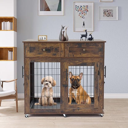 2 Dog Crate Furniture with 2 Drawer,39.4" Wooden Large Dog Kennel Crate End Table with Wheels (Brown)