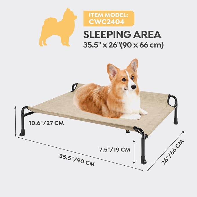 Veehoo Elevated Dog Bed, Cooling Raised Dog Bed with Guardrail & Headrest, Upgraded Non-Slip Silicon Feet, Breathable Teslin Mesh, Portable Pet Cot for Indoor and Outdoor, Medium, Beige Coffee CWC2404