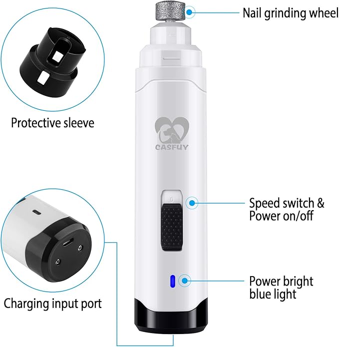 Casfuy Dog Nail Grinder Upgraded - Professional 2-Speed Electric Rechargeable Pet Nail Trimmer Painless Paws Grooming & Smoothing for Small Medium Large Dogs & Cats (White)