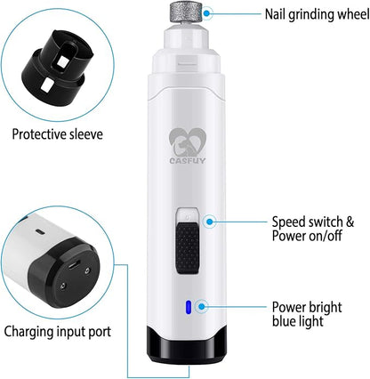 Casfuy Dog Nail Grinder Upgraded - Professional 2-Speed Electric Rechargeable Pet Nail Trimmer Painless Paws Grooming & Smoothing for Small Medium Large Dogs & Cats (White)
