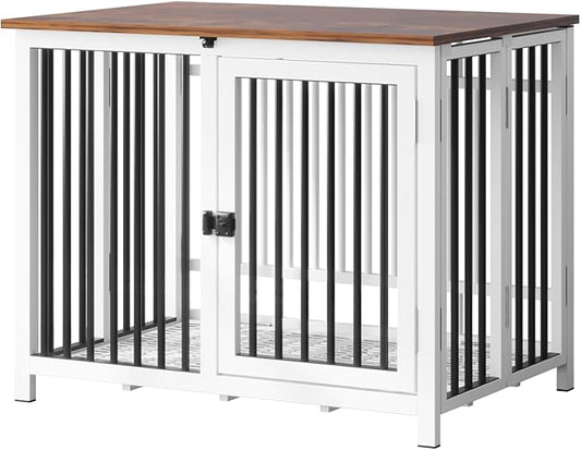 Heavy Duty Dog Crate Furniture, Fully Assembled exc. Locks, All Metal Frame & Wooden Tabletop, Modern Kennel for Small Dog, End Table, Sturdy, Foldable, White+Black/Rustic Brown