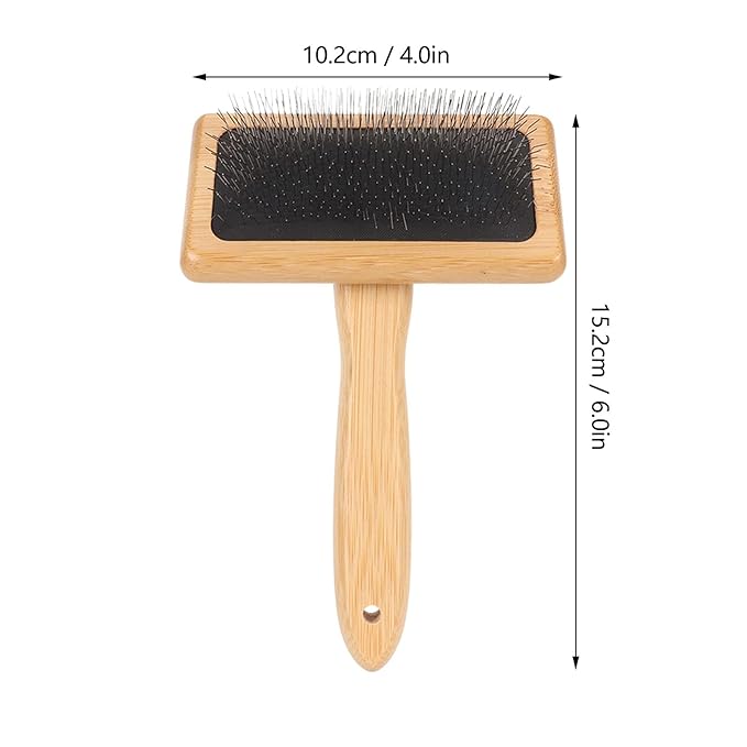 Macrame Slicker Comb with Hole Cushion Finely Polished Bamboo Cleaning Brush Sheepskin Wool Stainless Steel Pins Carding Rug Fur Brushes Long Prongs Pet (13.7x20.3x5.2cm