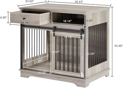 Dog Crate Furniture Wooden Dog Crate Table with Drawers Furniture Style Dog Cage with Side Door for Medium and Large Dogs,Grey,35.43" x 23.62" x 33.46"