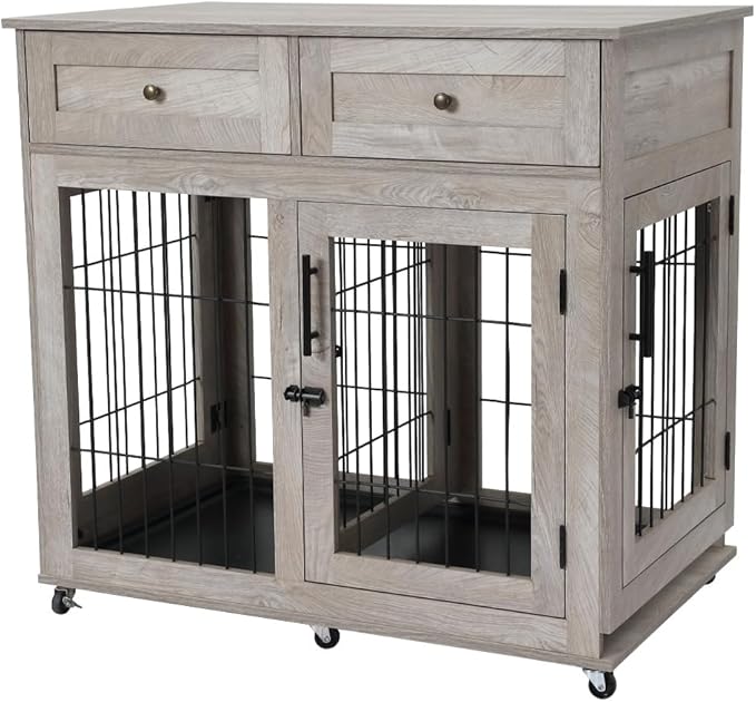 Dog Crate Furniture, Wooden Dog Kennel with Room Divider and Tray, Double Rooms Dog Cage, Wooden Dog Crate Table with 2 Drawers End Table