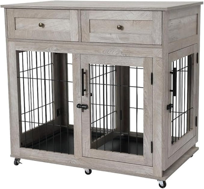 Dog Crate Furniture, Wooden Dog Kennel with Room Divider and Tray, Double Rooms Dog Cage, Wooden Dog Crate Table with 2 Drawers End Table