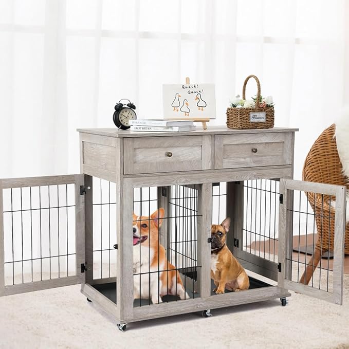 Double Dog Crate Furniture with 2 Drawers,Wooden Dog Crate End Table,2 Dogs Wooden Dog Cage Dog House for Small/Medium/Large