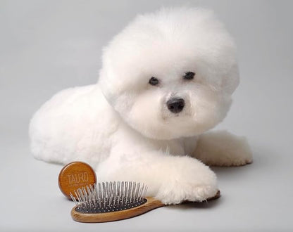 TAURO PRO LINE Wooden Dog Brush for Detangle Long and Short Hair, Wooden Soft Massage Brush for Grooming Haired Dogs and Cats, Flexible Cushion and Non-Slip Grip, Oval, 9,45 x 3,54 inch, Brown
