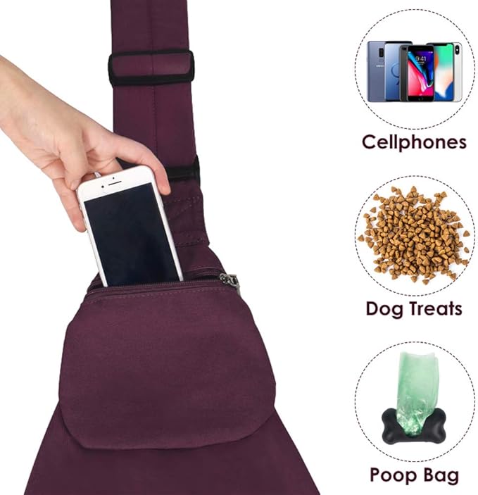 Dog Padded Papoose Sling, Small Pet Sling Carrier Hands Free Carry Adjustable Shoulder Strap Reversible Tote Bag with a Pocket Safety Belt Dog Cat Traveling Subway (5-12lbs, Burgundy)