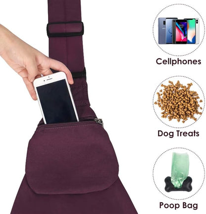 Dog Padded Papoose Sling, Small Pet Sling Carrier Hands Free Carry Adjustable Shoulder Strap Reversible Tote Bag with a Pocket Safety Belt Dog Cat Traveling Subway (5-12lbs, Burgundy)