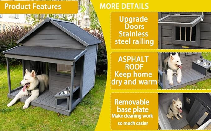 YOTPO Large Outdoor Fir Wood Dog House with Spacious Terrace,Breathable Window&2 Feeding Stainless Bowls,Dog Kennel W/Solid Asphalt Roof&Removable Floor,Dog Cage W/Resting Porch for Large Dogs,Gray