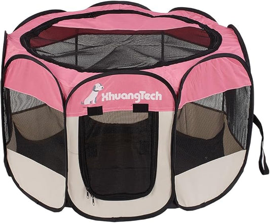Foldable Pet Dog Playpen, Pop Up Portable Cat Playpen, Indoor/Outdoor for Kitten Puppy Play Pen, Cats Crate Tent with Carrying Bag, 600D Oxford (Pink + Beige, Medium (31.5"x31.5"x23"), 8)