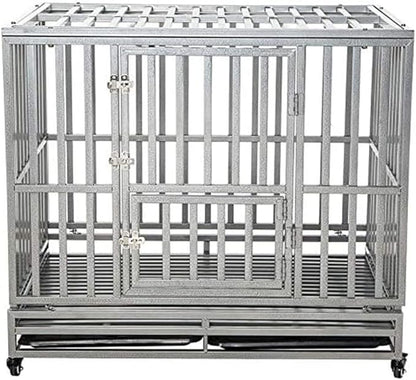 LUCKUP 42" Heavy Duty Dog Cage Metal Kennel and Crate for Medium and Large Dogs Pet Playpen with Four Lockable Casters Indoor Silver