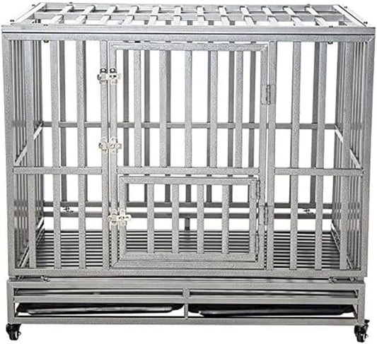 LUCKUP 42" Heavy Duty Dog Cage Metal Kennel and Crate for Medium and Large Dogs Pet Playpen with Four Lockable Casters Indoor Silver