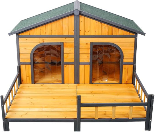 Wooden Dog House Outdoor Indoor, Double Dog Kennel Pet House with Window, Weatherproof Dog Houses with Porch, Double Room, Openable Asphalt Roof, Elevated Floor, Puppy Shelter for 2 Small Medium Dogs